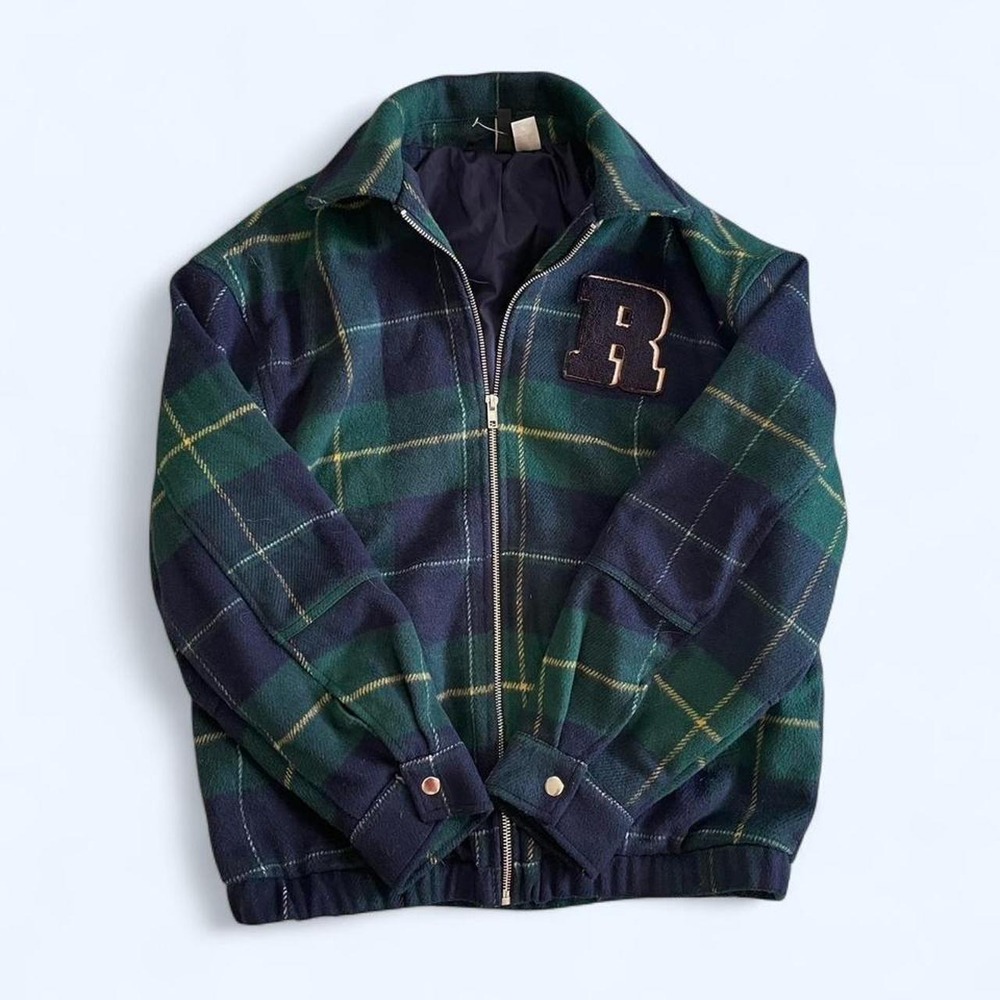 Green navy plaid bomber jacket with R initial size XXS‎